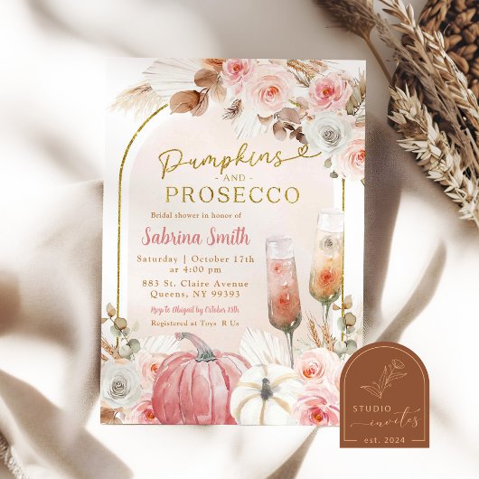 Boho Roze Pompoen en Prosecco Bruidsfeest Kaart