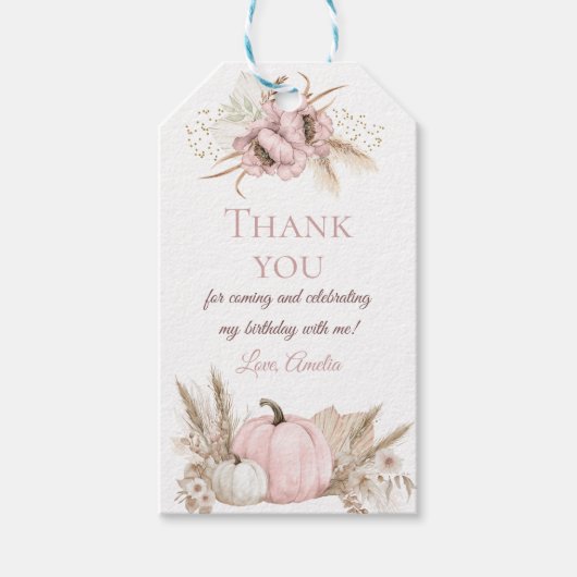 Boho Roze Pompoen Gingham 1e Verjaardag Cadeaulabel (Voorkant)