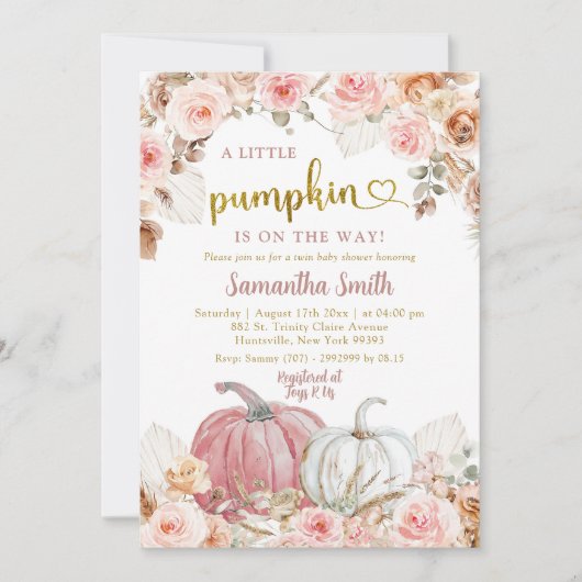 Boho roze pompoen Herfst meisje Baby shower Kaart (Voorkant)