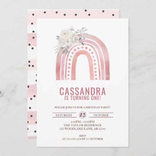 Boho roze regenboog Verjaardag, Rozen 1e Verjaarda Kaart (Voorkant / Achterkant)