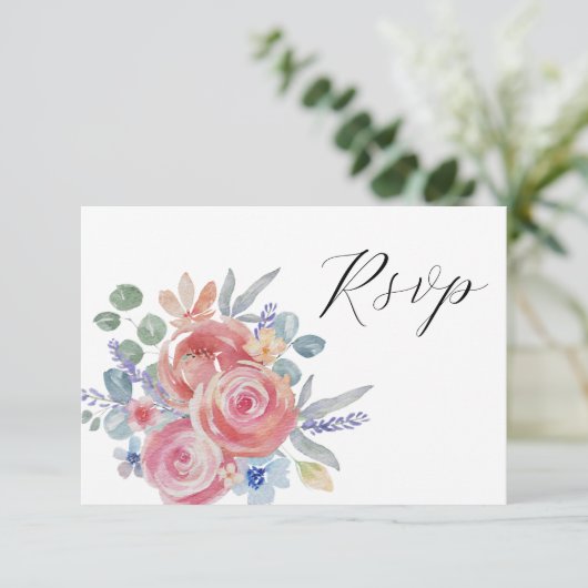Boho Roze Roos Bloemen Waterverf Trouwen RSVP Kaar (Staand voorkant)