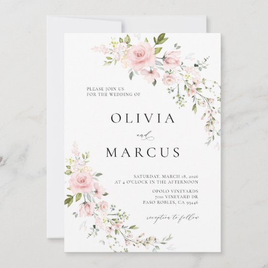 Boho Roze Rose Bloemen Botanische Bruiloft Uitnodi Kaart (Voorkant)