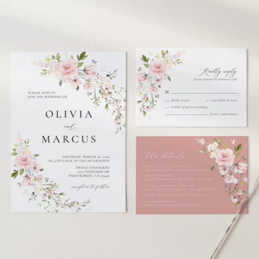 Boho Roze Rose Bloemen Botanische Bruiloft Uitnodi Kaart