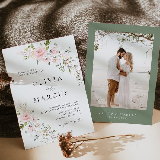 Boho Roze Rose Bloemen Botanische Bruiloft Uitnodi Kaart