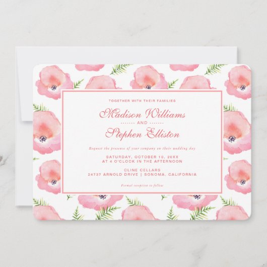 Boho Roze Rose Bloemen Waterverf - Bruiloft Kaart (Voorkant)