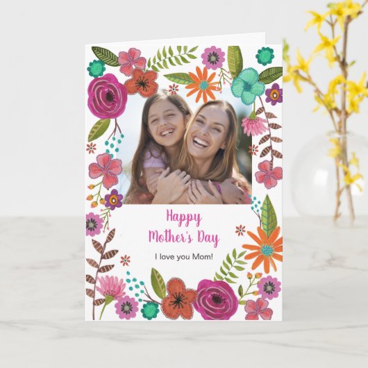 Boho roze roze moederdag tekening kaart (Gele Bloem)