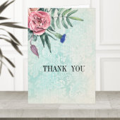 Boho roze rozen groen  damast bruiloft bedankkaart