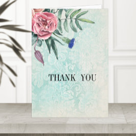 Boho roze rozen groen  damast bruiloft bedankkaart