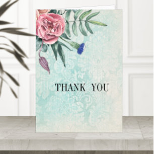 Boho roze rozen groen  damast bruiloft bedankkaart