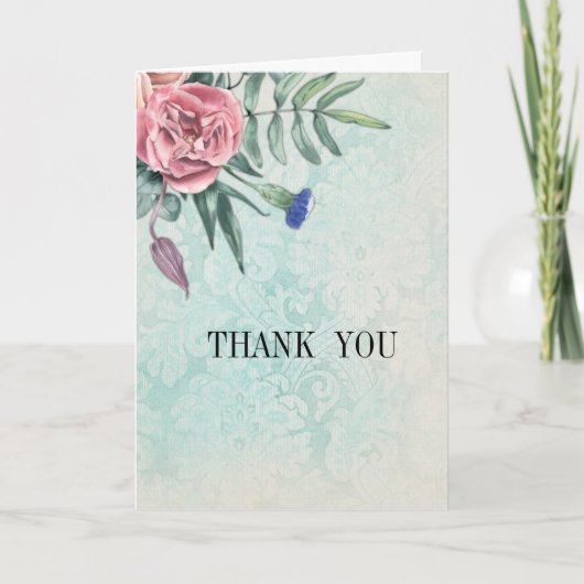 Boho roze rozen groen  damast bruiloft bedankkaart (Voorkant)