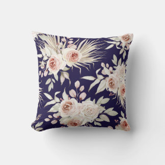 Boho roze rozen op Navy Blue Kussen