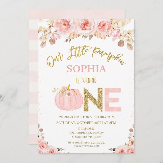 Boho Roze Rustieke Herfst Pompoen 1e Verjaardag Kaart (Voorkant / Achterkant)