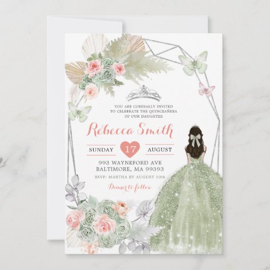 Boho Roze Sage Groen Bloemen Geometrisch 15 Años Kaart (Voorkant)