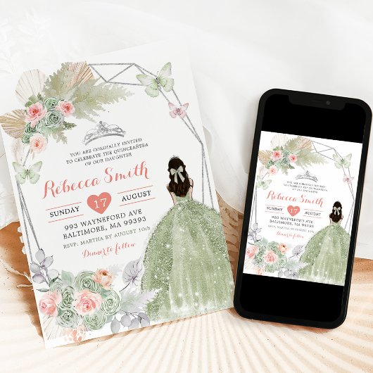 Boho Roze Sage Groen Bloemen Geometrisch 15 Años Kaart