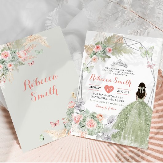 Boho Roze Sage Groen Bloemen Geometrisch 15 Años Kaart