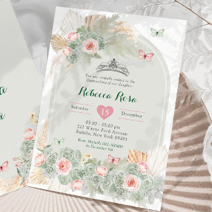 Boho roze salie groen koninklijke kroon quinceañer kaart