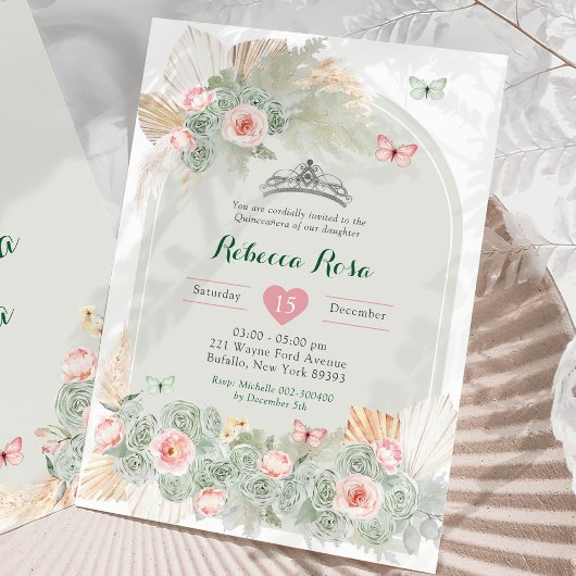 Boho roze salie groen koninklijke kroon quinceañer kaart
