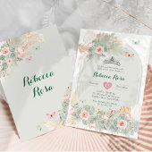 Boho roze salie groen koninklijke kroon quinceañer kaart