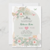 Boho roze salie groen koninklijke kroon quinceañer kaart (Voorkant)