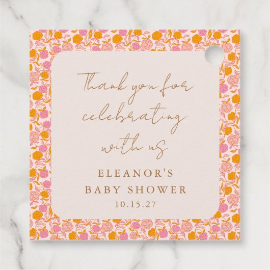 Boho Roze Sinaasappel Bloemen Schattige Baby showe Bedankjes Labels (Achterkant)