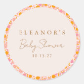 Boho Roze Sinaasappel Bloemen Schattige Baby showe Ronde Sticker (Voorkant)