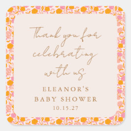 Boho Roze Sinaasappel Bloemen Schattige Baby showe Vierkante Sticker