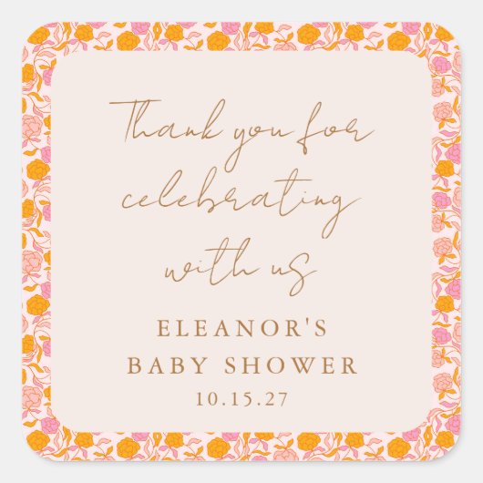 Boho Roze Sinaasappel Bloemen Schattige Baby showe Vierkante Sticker (Voorkant)