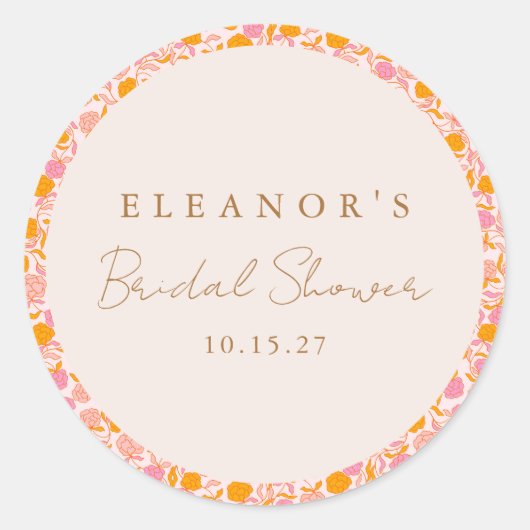 Boho Roze Sinaasappel Bloemen Schattige Vrijgezell Ronde Sticker (Voorkant)