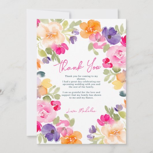 Boho roze sinaasappel zomerbloemenvrijgezellenfees bedankkaart (Voorkant)