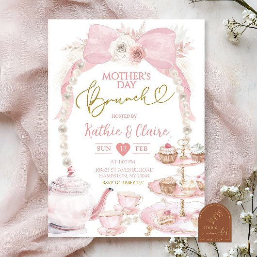 Boho Roze Strik Moederdag Cupcake Brunch Kaart