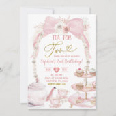 Boho Roze Strik Parel Tea For Two Verjaardag Kaart (Voorkant)