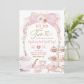 Boho Roze Strik Parel Tea For Two Verjaardag Kaart (Staand voorkant)