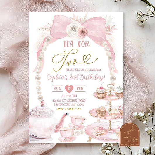 Boho Roze Strik Parel Tea For Two Verjaardag Kaart
