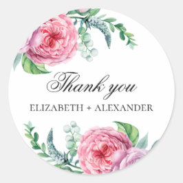 Boho roze tuinen bloemen. Bloemige trouw dank je Ronde Sticker