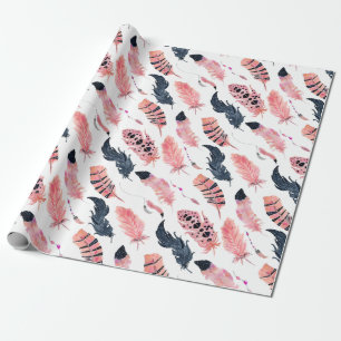 Boho Roze Veren Cadeaupapier