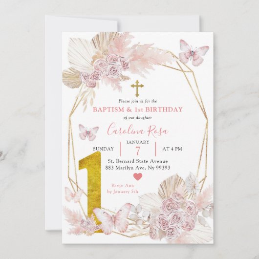 Boho roze vlinder doop en eerste verjaardag kaart (Voorkant)