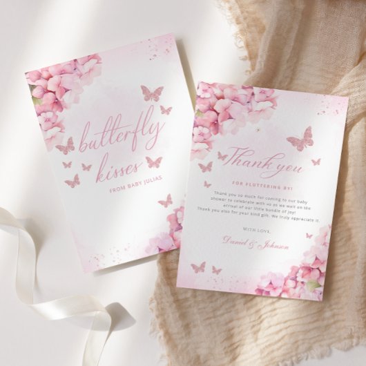 Boho roze vlinder kusjes bloemenmeisje Baby shower Bedankkaart