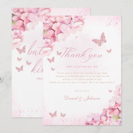 Boho roze vlinder kusjes bloemenmeisje Baby shower Bedankkaart (Voorkant / Achterkant)