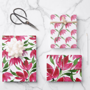 Boho Roze Waterverf Bloemen Bourgondië Wit Inpakpapier Vel