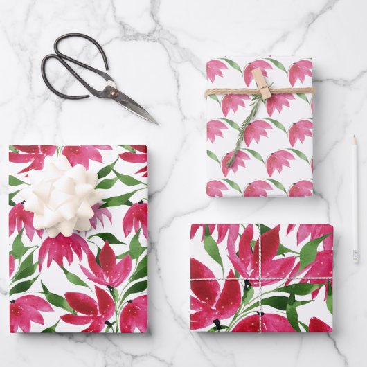Boho Roze Waterverf Bloemen Bourgondië Wit Inpakpapier Vel (Voorkant)