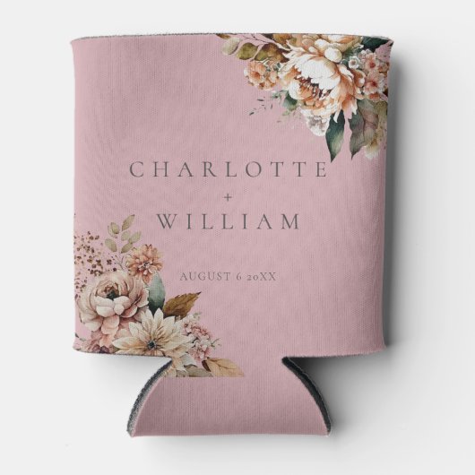 Boho Roze Waterverf Bloemen Trouwgunsten Blikjeskoeler (Voorkant)