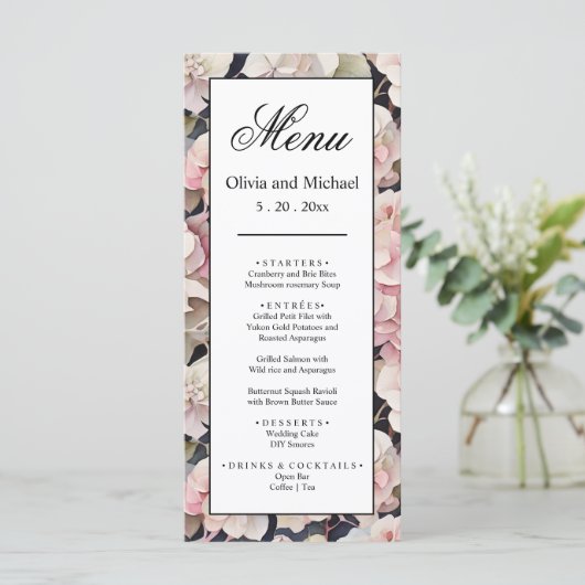 Boho roze waterverf bloemenhortensia's Bruiloft Menu (Staand voorkant)