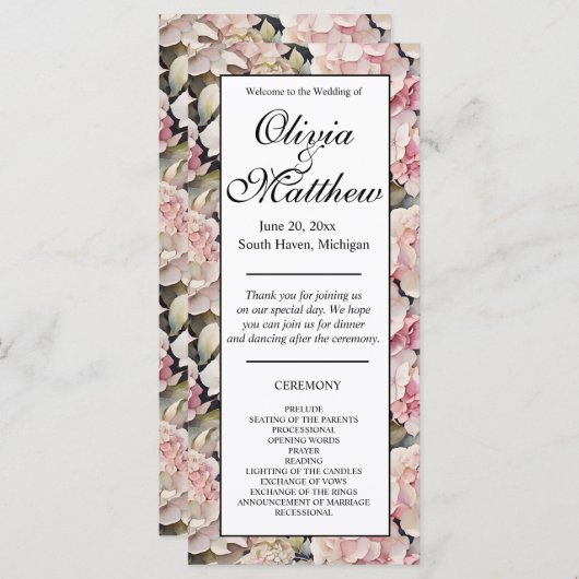 Boho roze waterverf hortensia's Trouwprogramma (Voorkant / Achterkant)