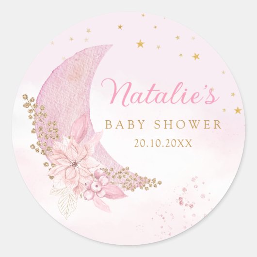 Boho roze Waterverf over het maan Baby shower Ronde Sticker (Voorkant)