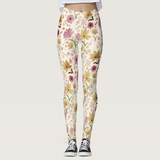boho Roze Waterverf Wildbloem Leggings (Voorkant)