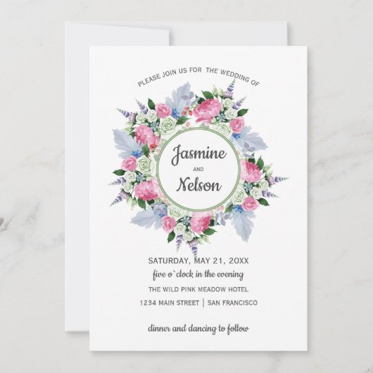 Boho Roze Wit Lavendel Bloemen lijst Bruiloft Kaart (Voorkant)