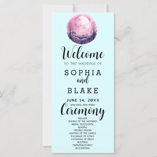 Boho Roze & Witte Volle Maan Blauwe Trouwprogramma (Voorkant)