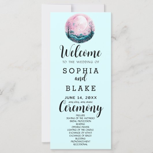 Boho Roze & Witte Volle Maan Blauwe Trouwprogramma (Voorkant)