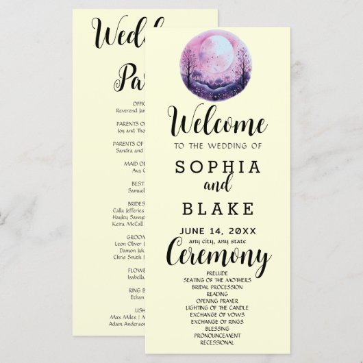Boho Roze & Witte Volle Maan Gele Trouwprogramma (Voorkant / Achterkant)