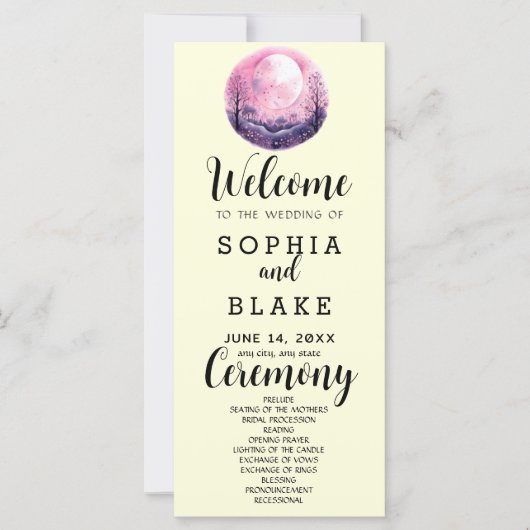 Boho Roze & Witte Volle Maan Gele Trouwprogramma (Voorkant)